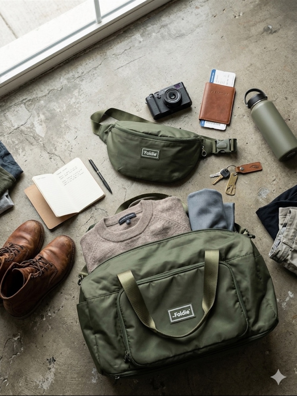 Foldie Olive Green Men's Duffel Bag with Matching Waist Pack